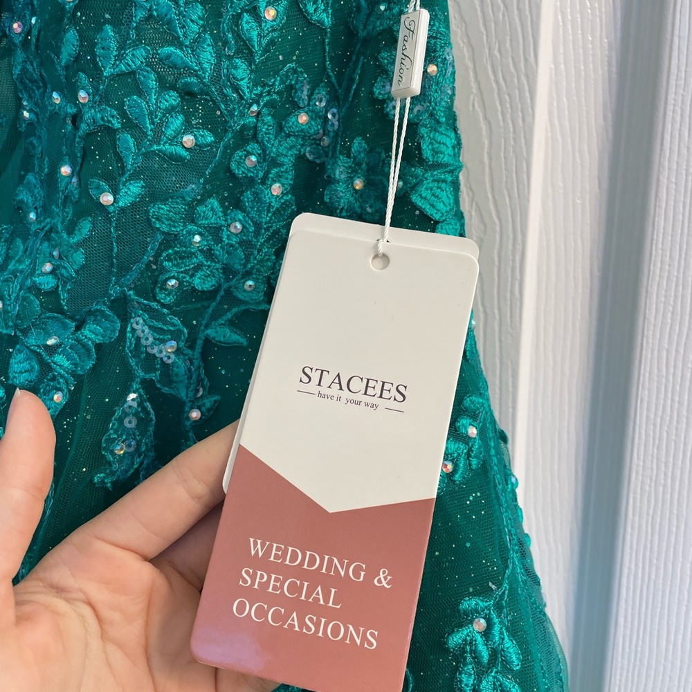 NWT A-Line V-Neck Spaghetti Strap Sweep Train Tulle Hunter Green Prom Dress Sz 2 - Picture 5 of 9